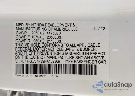 2022 Honda Accord Sport из США, поврежденный, VIN 1HGCV1F39NA109369